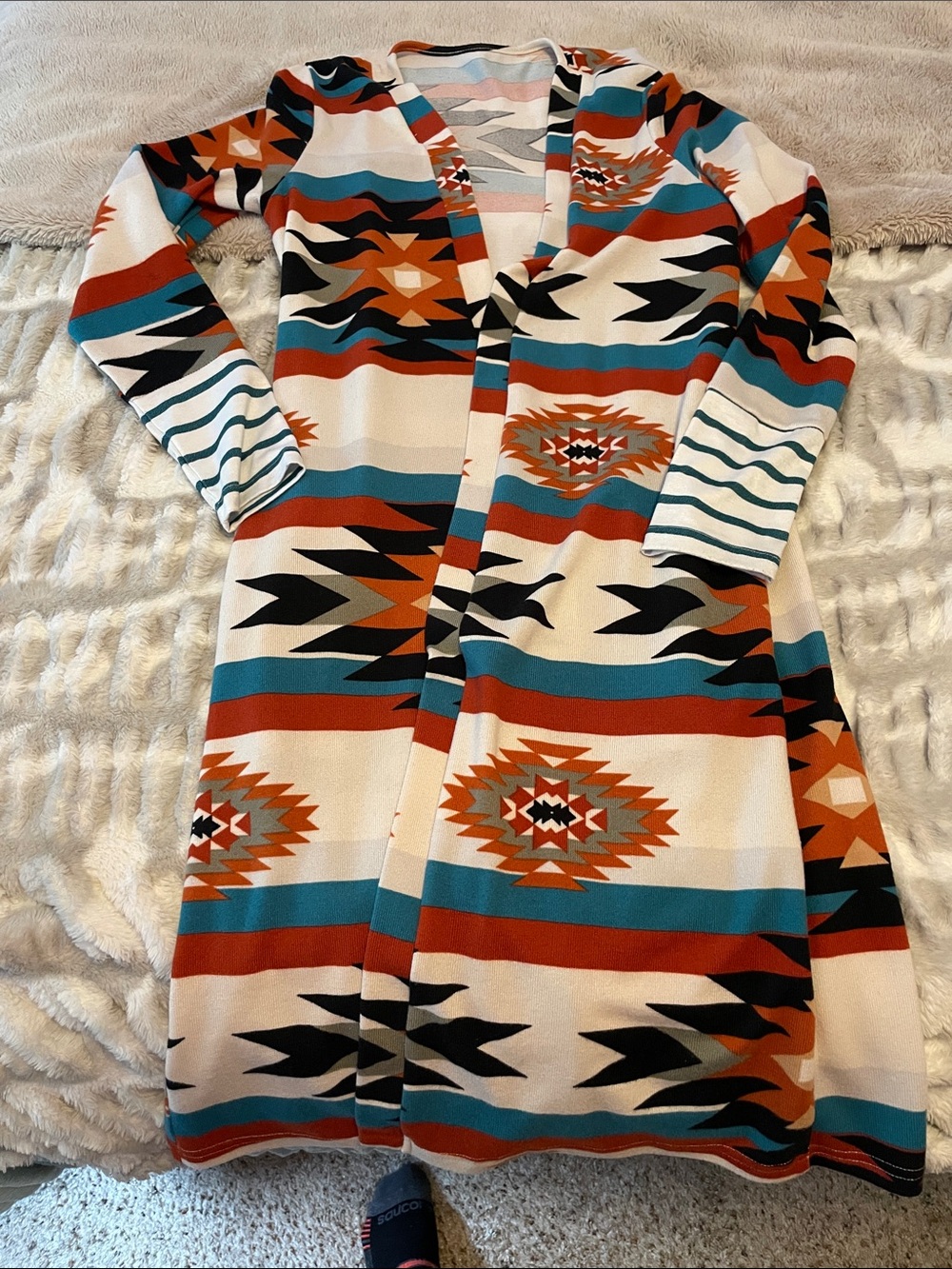 Aztec-Pattern Open Front Maxi Cardigan Dress in Cream, Teal & Rust